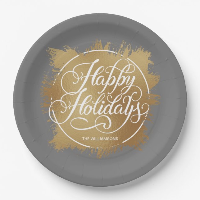 Gold Faux Foil Happy Holidays Grey Paper Plate (Front)