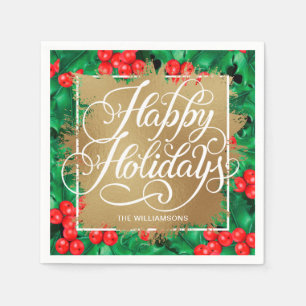 Gold Faux Foil Happy Holidays Holly Berries Napkin