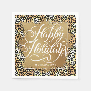 Gold Faux Foil Happy Holidays Leopard Print Napkin