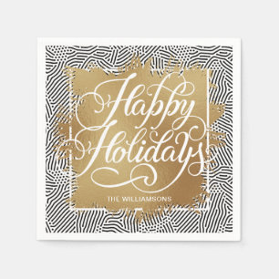 Gold Faux Foil Happy Holidays Modern Black  Napkin