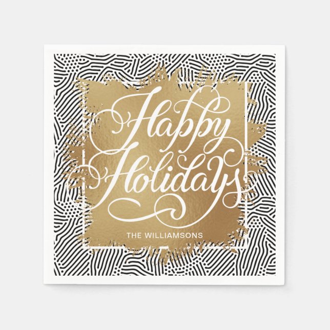 Gold Faux Foil Happy Holidays Modern Black  Napkin (Front)