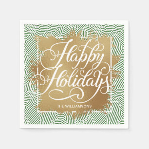 Gold Faux Foil Happy Holidays Modern Green Napkin