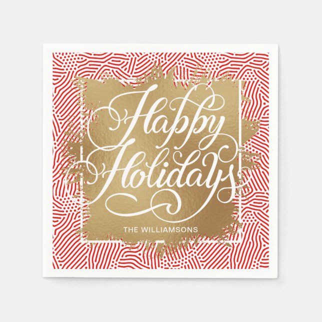 Gold Faux Foil Happy Holidays Modern Red Napkin (Front)