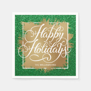 Gold Faux Foil Happy Holidays on Green Glitter Napkin
