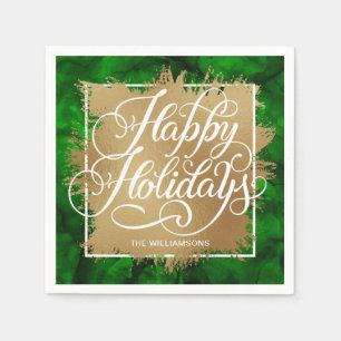 Gold Faux Foil Happy Holidays on Green Watercolor Napkin