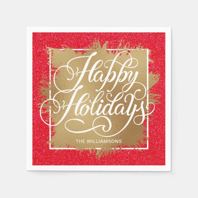 Gold Faux Foil Happy Holidays on Red Glitter Napkin (Front)