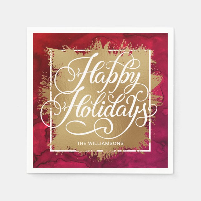 Gold Faux Foil Happy Holidays on Red Watercolor Napkin (Front)