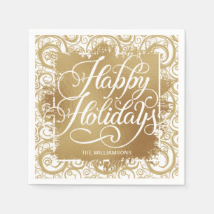 Gold Faux Foil Happy Holidays on Swirls Napkin