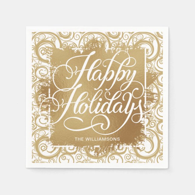 Gold Faux Foil Happy Holidays on Swirls Napkin (Front)