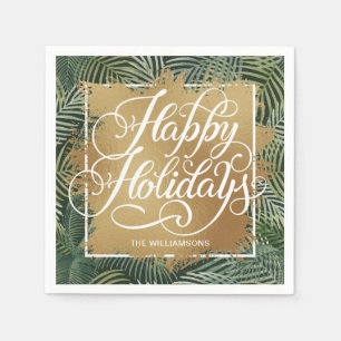 Gold Faux Foil Happy Holidays Palm Fronds Napkin