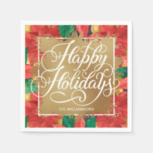 Gold Faux Foil Happy Holidays Poinsettia Napkin
