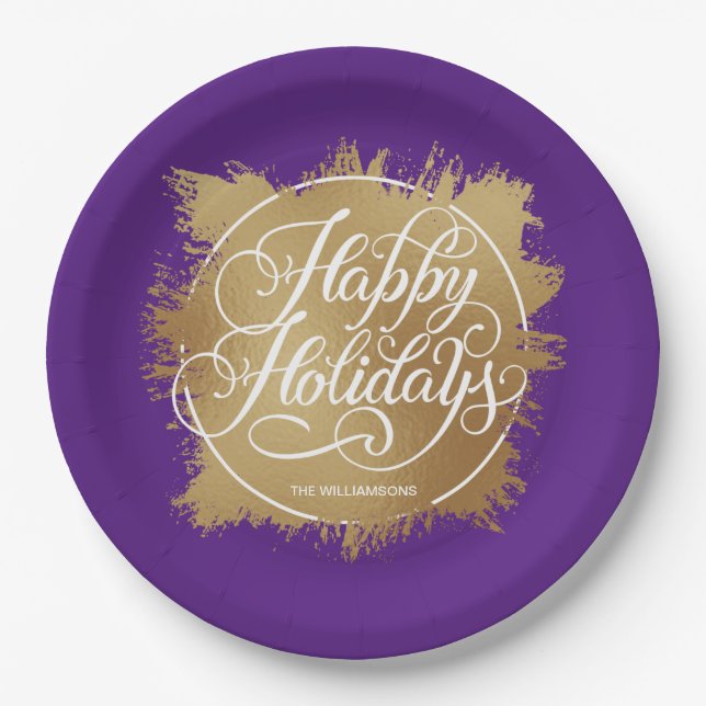 Gold Faux Foil Happy Holidays Purple Paper Plate (Front)