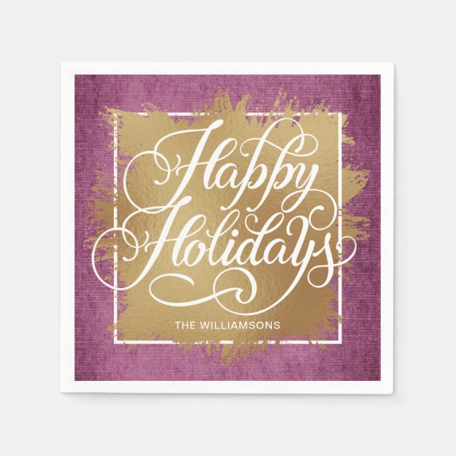 Gold Faux Foil Happy Holidays Purple Pattern Napkin (Front)