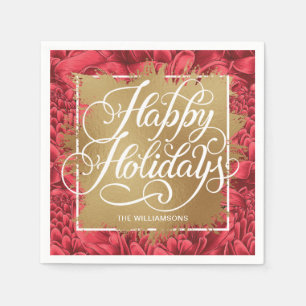 Gold Faux Foil Happy Holidays Red Floral  Napkin