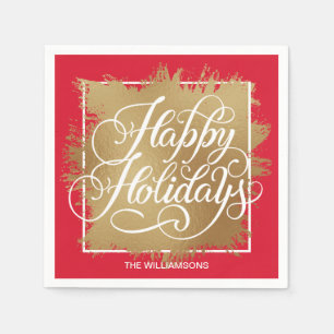Gold Faux Foil Happy Holidays Red Napkin