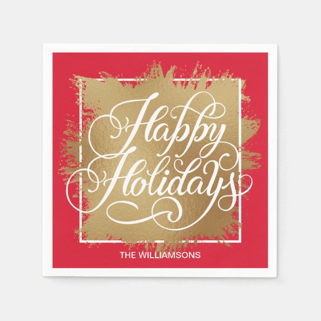 Gold Faux Foil Happy Holidays Red Napkin (Front)