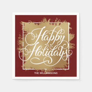 Gold Faux Foil Happy Holidays Red Napkin