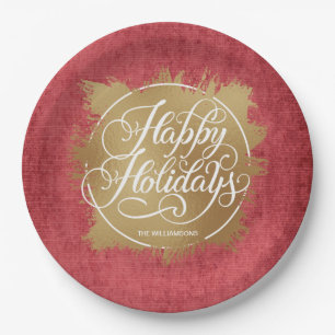 Gold Faux Foil Happy Holidays Red Paper Plate