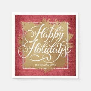 Gold Faux Foil Happy Holidays Red Pattern Napkin