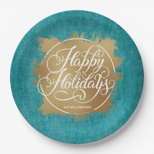 Gold Faux Foil Happy Holidays Turquoise Paper Plate