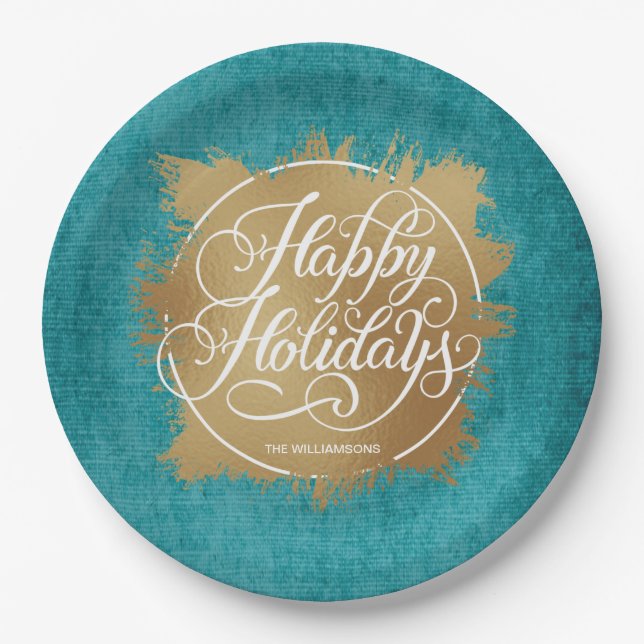 Gold Faux Foil Happy Holidays Turquoise Paper Plate (Front)