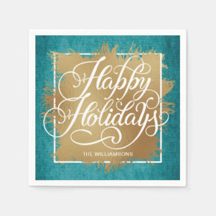 Gold Faux Foil Happy Holidays Turquoise Pattern Napkin