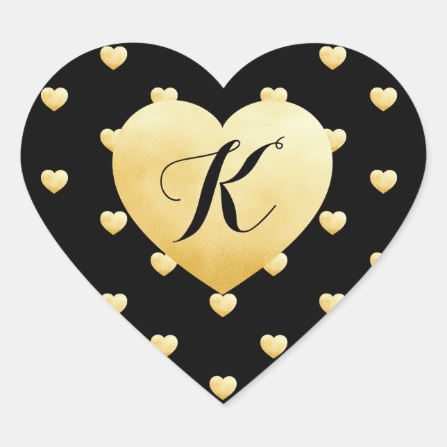 Gold Faux Foil Heart Pattern on Black Monogrammed Sticker (Front)