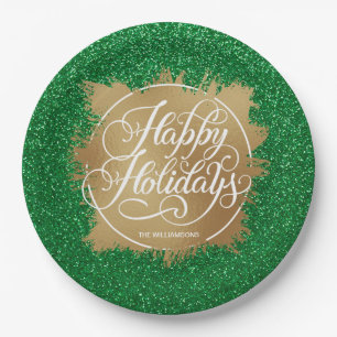 Gold Faux Foil Holiday Christmas Green Glitter Paper Plate