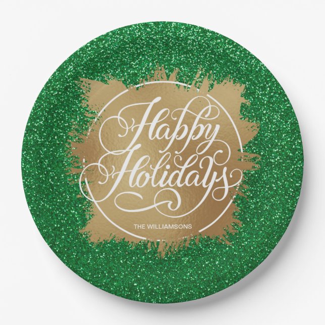 Gold Faux Foil Holiday Christmas Green Glitter Paper Plate (Front)