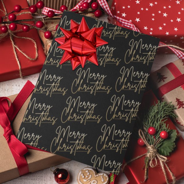 Gold Faux Foil Merry Christmas Black Wrapping Paper Sheet (Creator Uploaded)