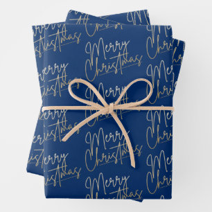 Gold Faux Foil Merry Christmas Blue Wrapping Paper Sheet