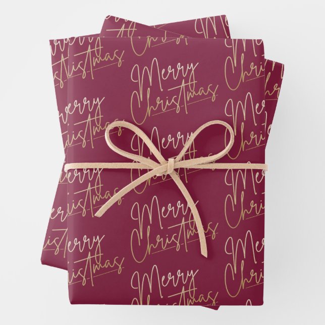 Gold Faux Foil Merry Christmas Cranberry Wrapping Paper Sheet (In situ)