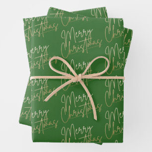 Gold Faux Foil Merry Christmas Green Wrapping Paper Sheet