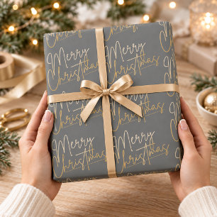 Gold Faux Foil Merry Christmas Grey Wrapping Paper Sheet