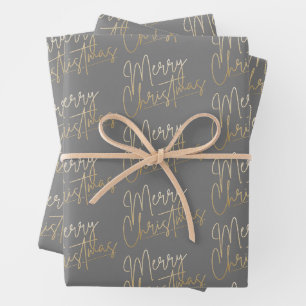 Gold Faux Foil Merry Christmas Grey Wrapping Paper Sheet