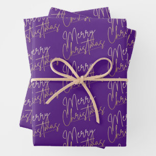 Gold Faux Foil Merry Christmas on Purple Wrapping Paper Sheet