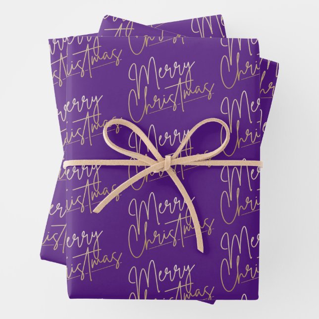 Gold Faux Foil Merry Christmas on Purple Wrapping Paper Sheet (In situ)