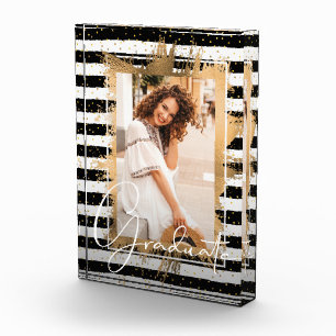 Gold Faux Foil on Black White Stripes Graduate Photo Block