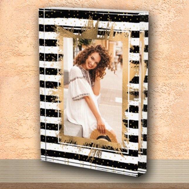 Gold Faux Foil on Black White Stripes Photo Block (Creator Uploaded)