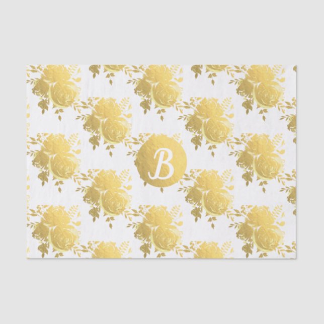 Gold Faux Foil Shiny Glam Roses Monogram Custom Tissue Paper (Front)