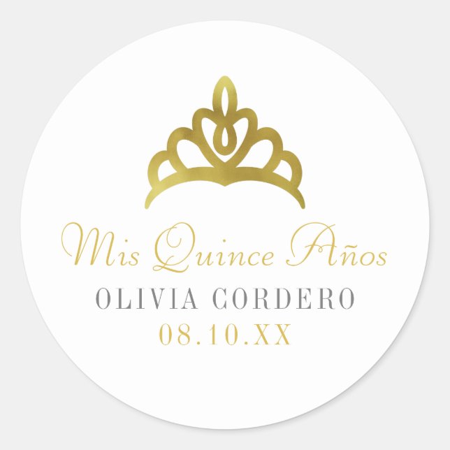 Gold Faux Foil Tiara Quinceañera Classic Round Sticker (Front)