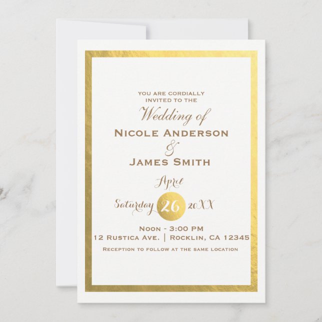 Gold Faux Foil White Elegant Minimal Wedding Invitation (Front)
