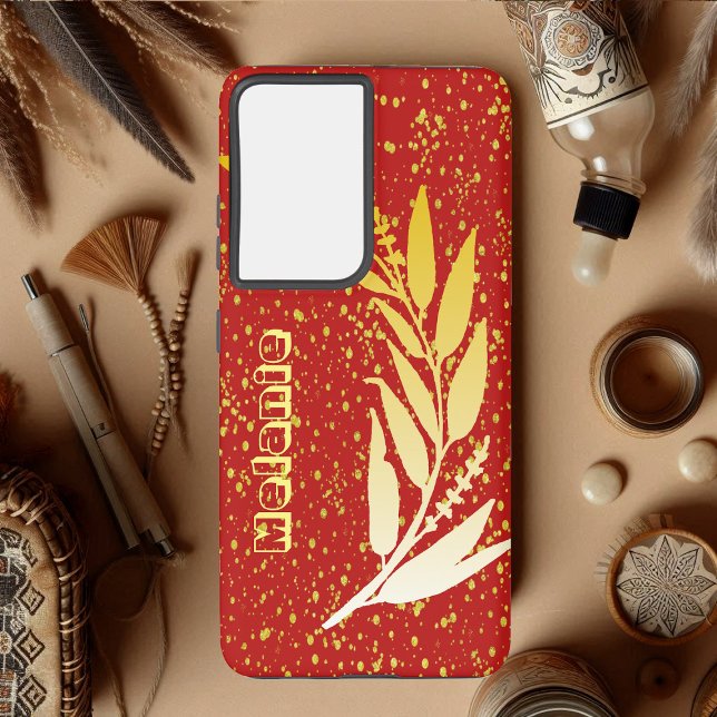 Gold Faux Foliage Glitter Custom Name Red Elegant Samsung Galaxy S21+ Case (Gold Faux Foliage Glitter Custom Name Red Elegant Samsung Galaxy Case)