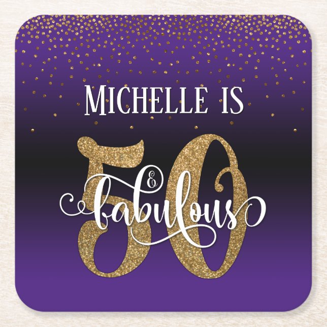 Gold Faux Glitter 50 & Fabulous Purple Ombre Square Paper Coaster (Front)