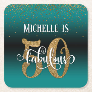 Gold Faux Glitter 50 & Fabulous Teal Ombre Square Paper Coaster