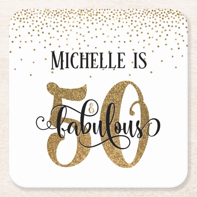 Gold Faux Glitter 50 & Fabulous White Birthday Square Paper Coaster (Front)