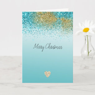 Gold Faux Glitter Aqua Heart Christmas Card