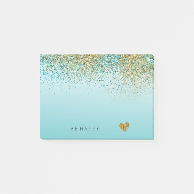 Gold Faux Glitter Aqua Ombre Personalised Post-it Notes (Front)