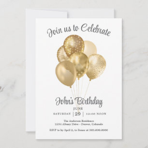 Gold Faux Glitter Balloon Birthday Party Invitation