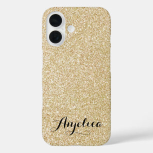 Gold Faux Glitter Black Script Typography Name iPhone 16 Case